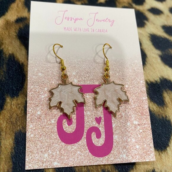 White Leaf Gold Earrings - Picture 1 of 1